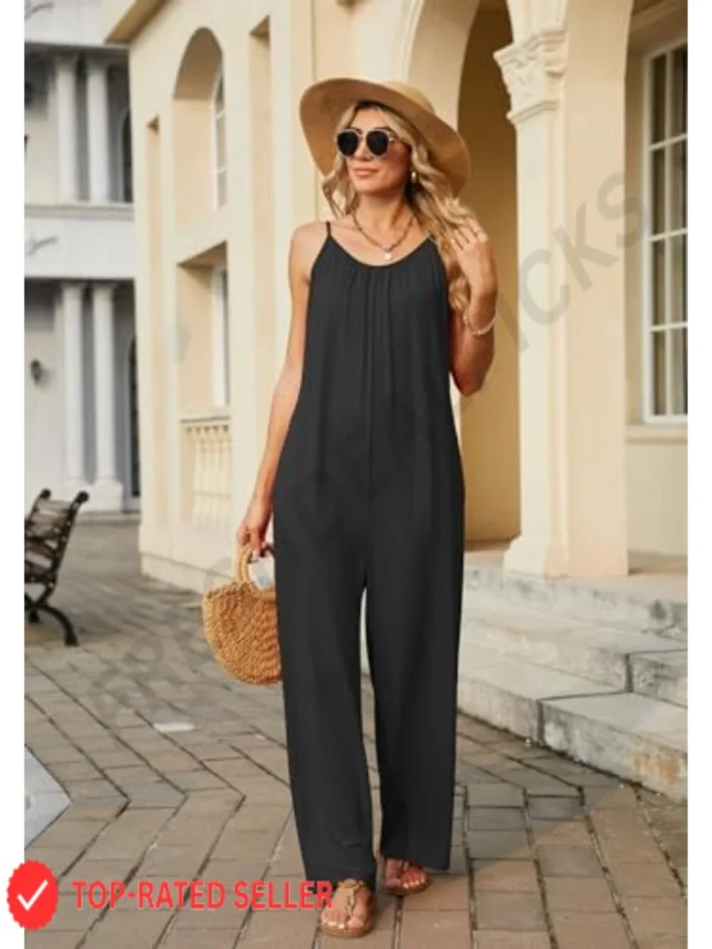 Womens Sleeveless Romper Adjustable Spaghetti Strap Wide Leg Jumpsuit with
